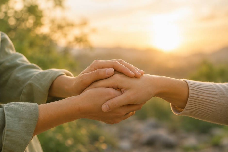 Close-up of two people gently holding hands against a warm sunset background.